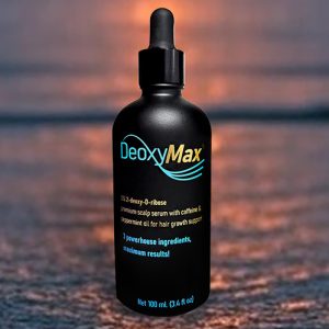 DeoxyMax premium hair growth supporting serum. Regrow your hair in as little as 6 weeks!* Energizing Caffeine, Refreshing Peppermint Oil, and 5% deoxyribose.