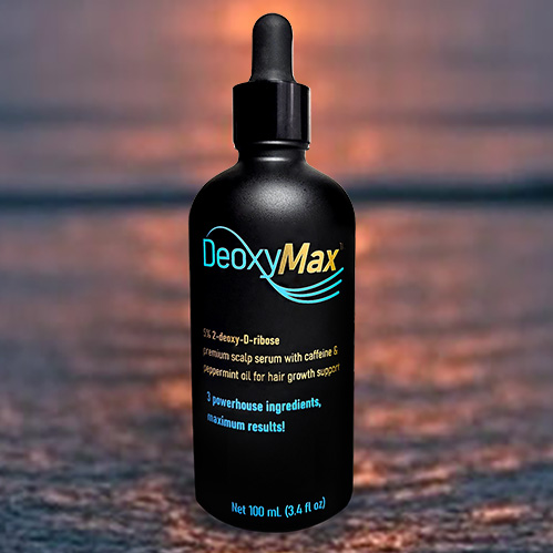 DeoxyMax premium hair growth supporting serum. Regrow your hair in as little as 6 weeks!* Energizing Caffeine, Refreshing Peppermint Oil, and 5% deoxyribose.